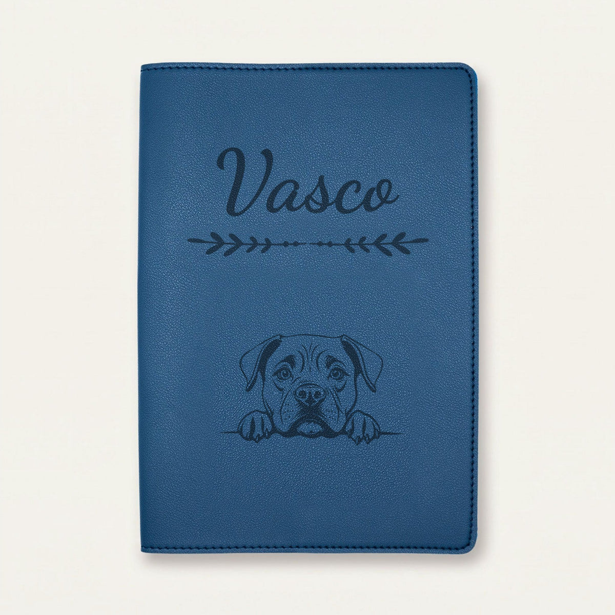 Protège carnet de santé chien personnalisé – Cane corso — Bleu nuit — Flèche — gravure « Vasco »
