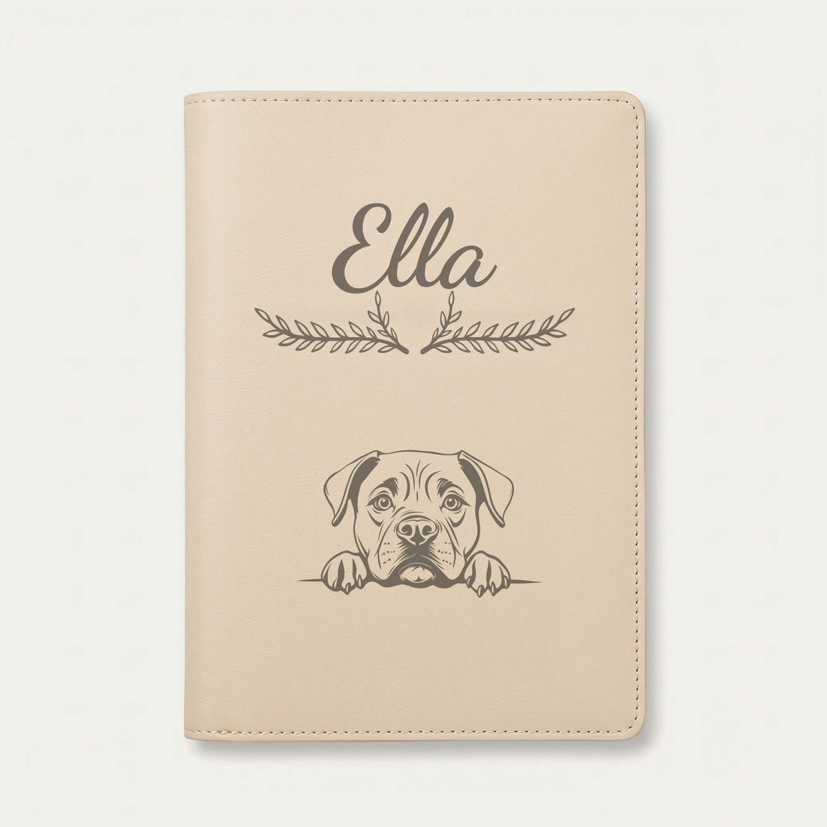 Protège carnet de santé chien personnalisé – Cane corso — Crème vanille — Bouquet — gravure « Ella »