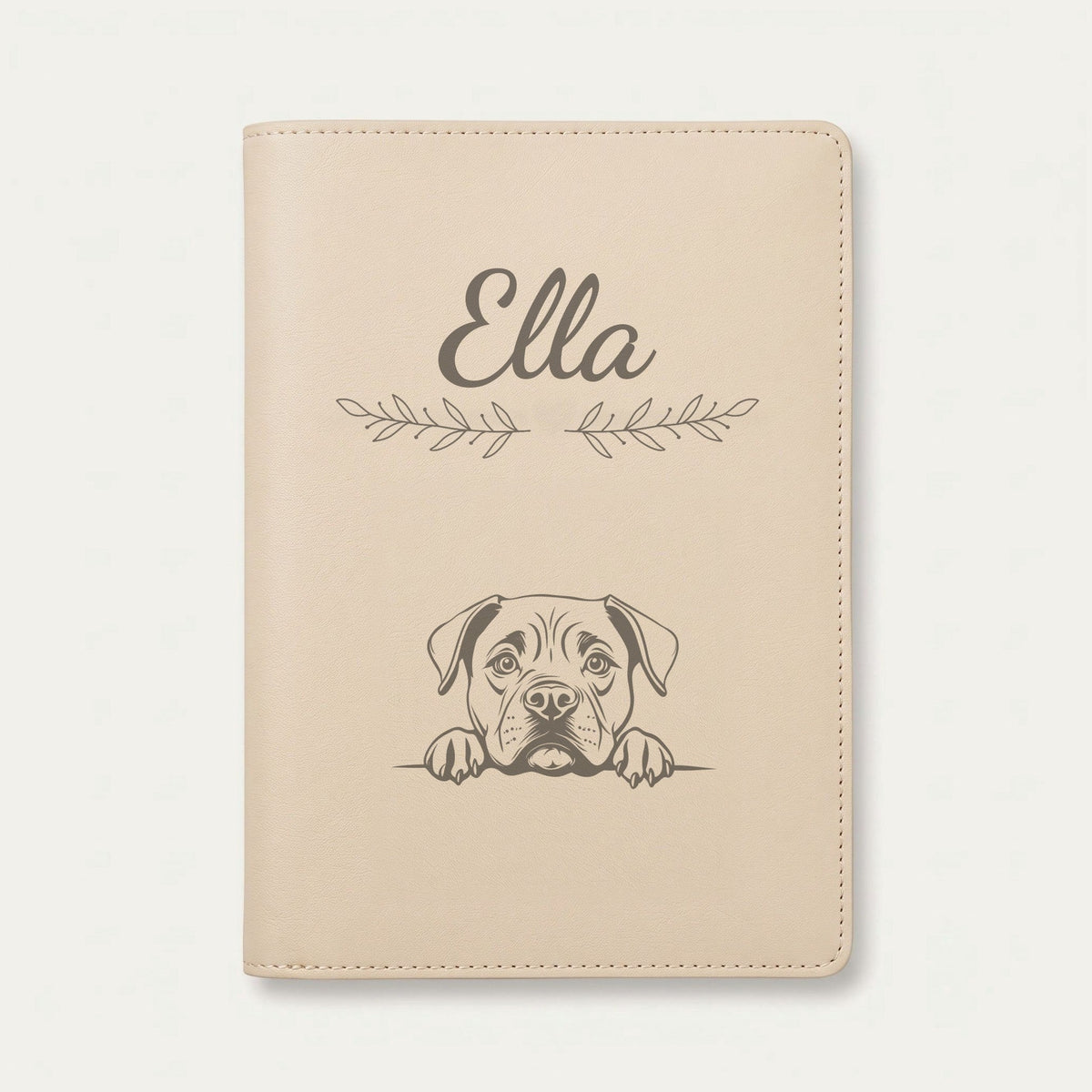 Protège carnet de santé chien personnalisé – Cane corso — Crème vanille — Rameaux — gravure « Ella »