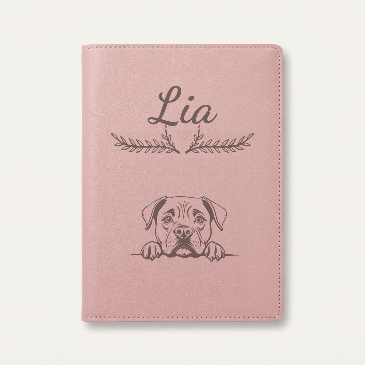 Protège carnet de santé chien personnalisé – Cane corso — Rose dragée — Bouquet — gravure « Lia »