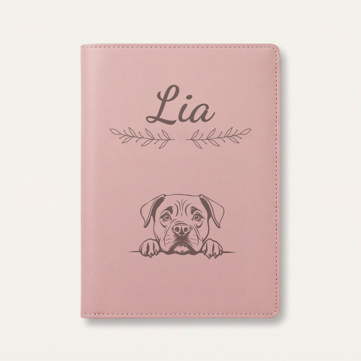 Protège carnet de santé chien personnalisé – Cane corso — Rose dragée — Rameaux — gravure « Lia »