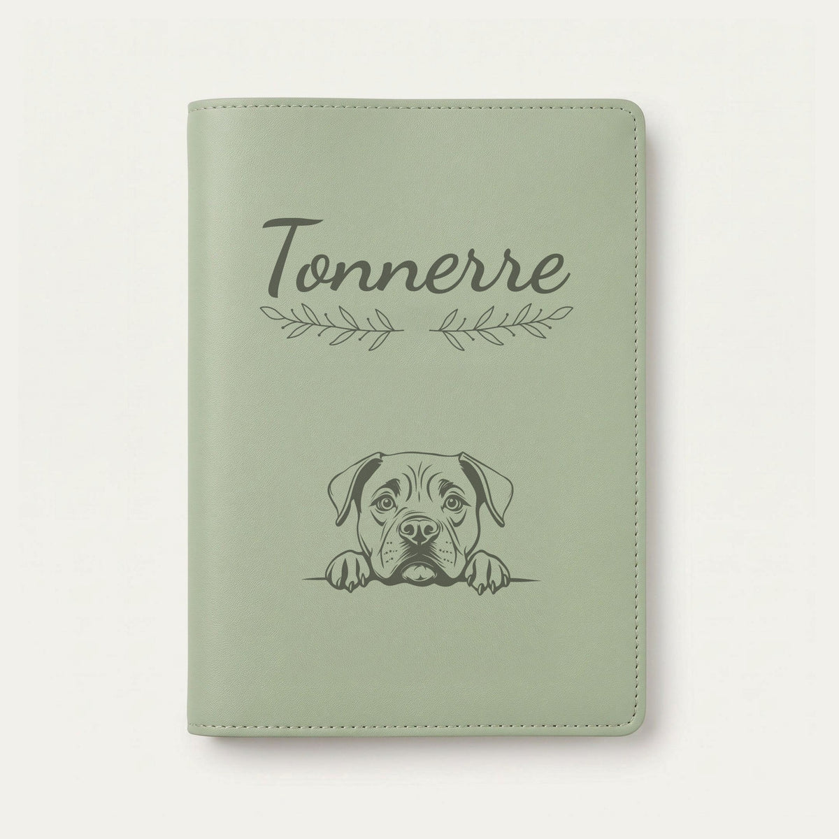 Protège carnet de santé chien personnalisé – Cane corso — Vert sauge — Rameaux — gravure « Tonnerre »