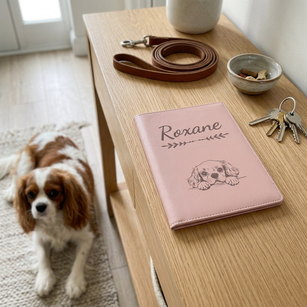 Protège carnet de santé chien personnalisé – Cavalier King Charles — fermé, gravé « Roxane » avec le cavalier King Charles, sur une console d'entrée à côté d'une laisse, un cavalier King Charles couché à côté (visuel de mise en scène, coloris Rose dragée)