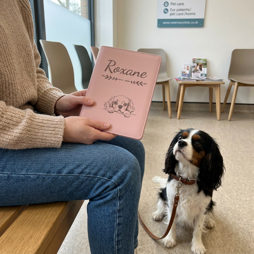 Protège carnet de santé chien personnalisé – Cavalier King Charles — fermé, gravé « Roxane », tenu en salle d'attente chez le vétérinaire, un cavalier King Charles assis à côté (visuel de mise en scène, coloris Rose dragée)