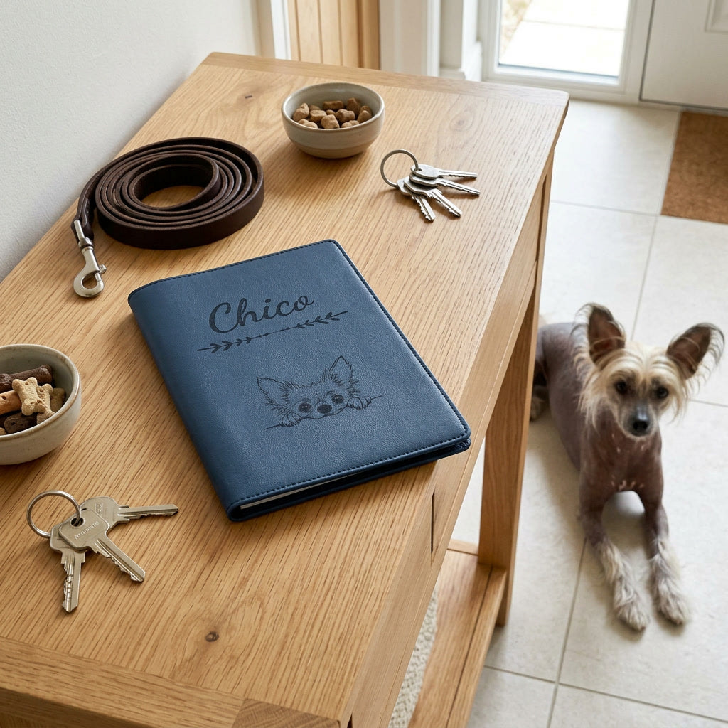 Protège carnet de santé chien personnalisé – Chien chinois à crête — fermé, gravé « Chico » avec le chien chinois à crête, sur une console d'entrée à côté d'une laisse, un chien chinois à crête couché à côté (visuel de mise en scène, coloris Bleu nuit)