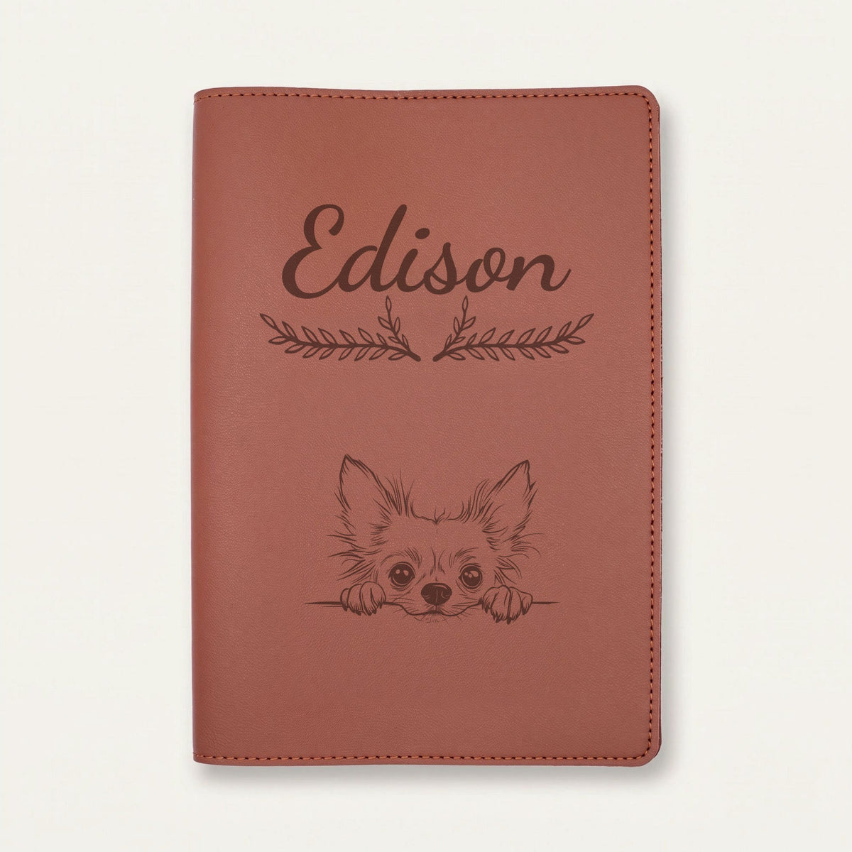 Protège carnet de santé chien personnalisé – Chien chinois à crête — Chocolat — Bouquet — gravure « Edison »