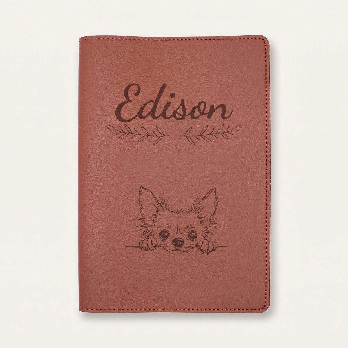 Protège carnet de santé chien personnalisé – Chien chinois à crête — Chocolat — Rameaux — gravure « Edison »