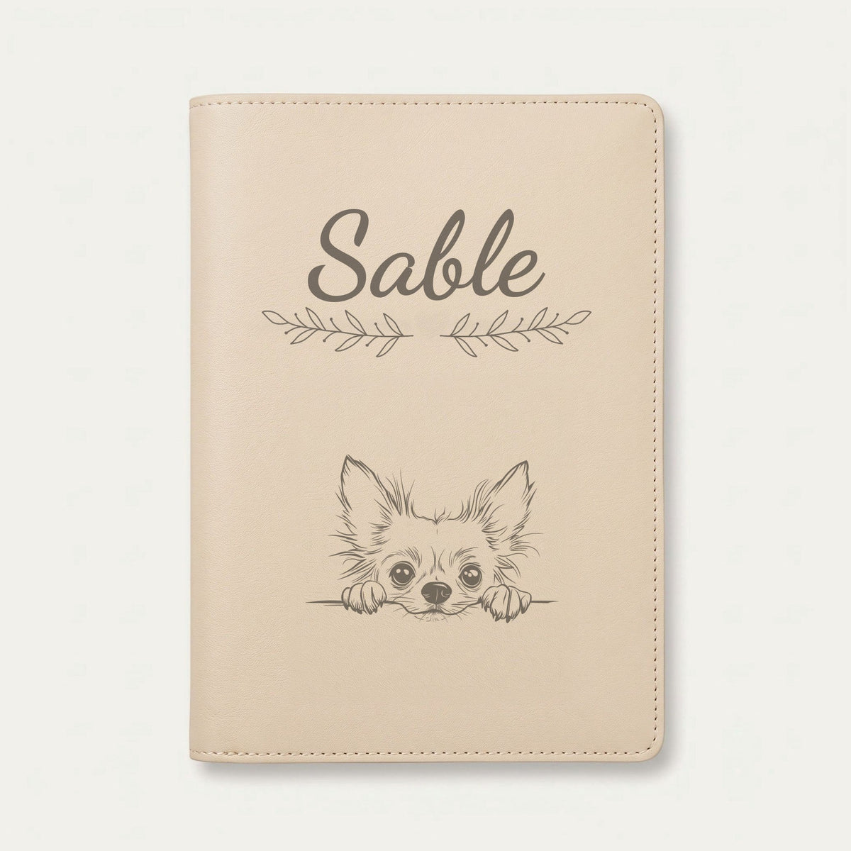 Protège carnet de santé chien personnalisé – Chien chinois à crête — Crème vanille — Rameaux — gravure « Sable »