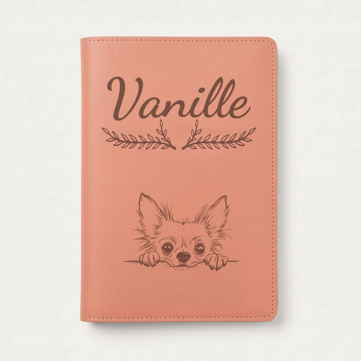 Protège carnet de santé chien personnalisé – Chien chinois à crête — Terracotta — Bouquet — gravure « Vanille »