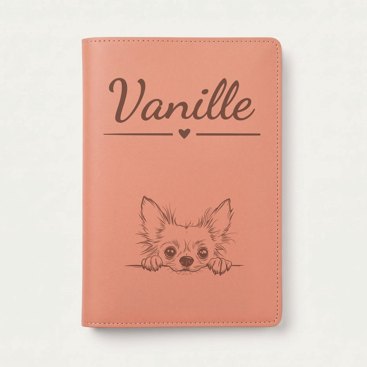 Protège carnet de santé chien personnalisé – Chien chinois à crête — Terracotta — Cœur — gravure « Vanille »