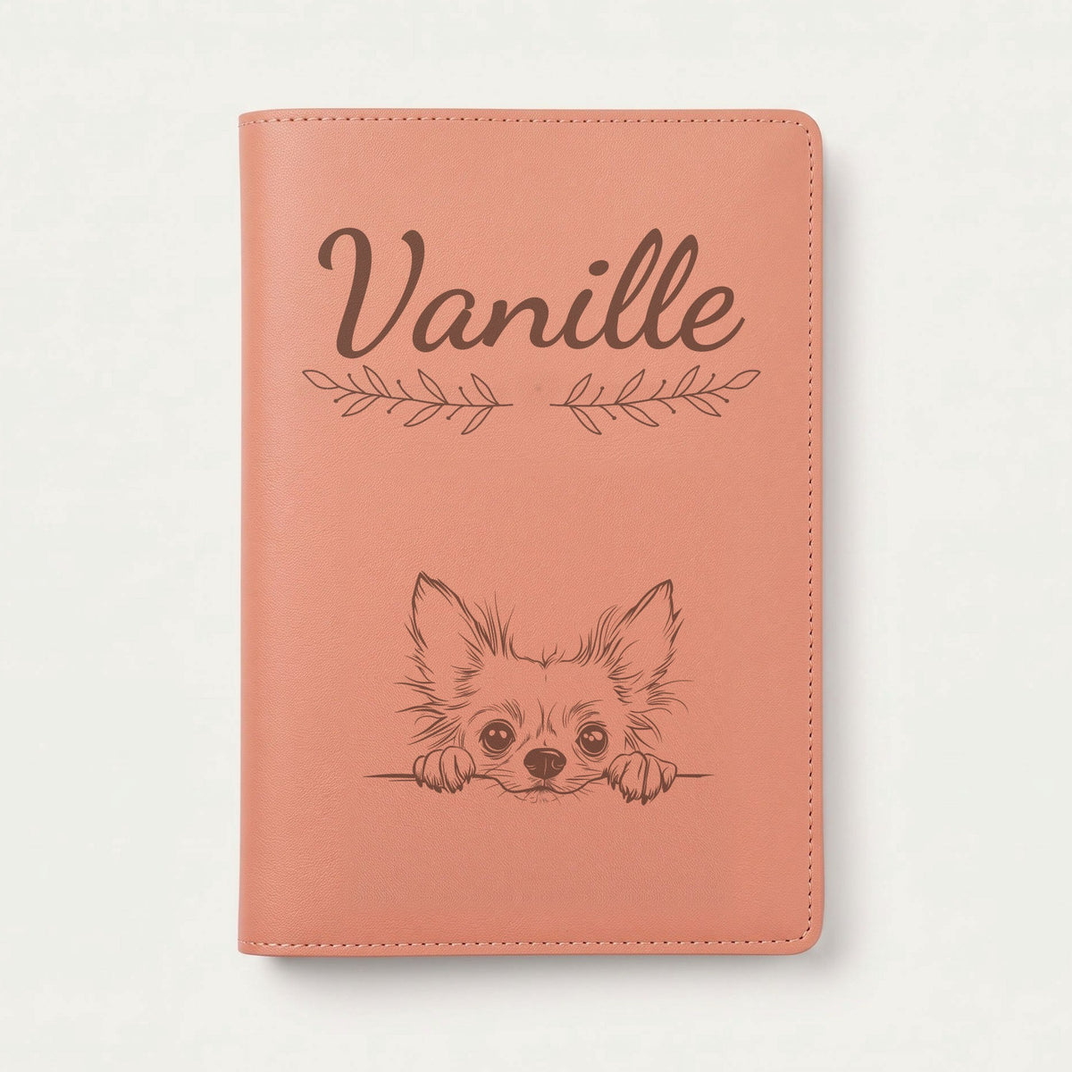 Protège carnet de santé chien personnalisé – Chien chinois à crête — Terracotta — Rameaux — gravure « Vanille »