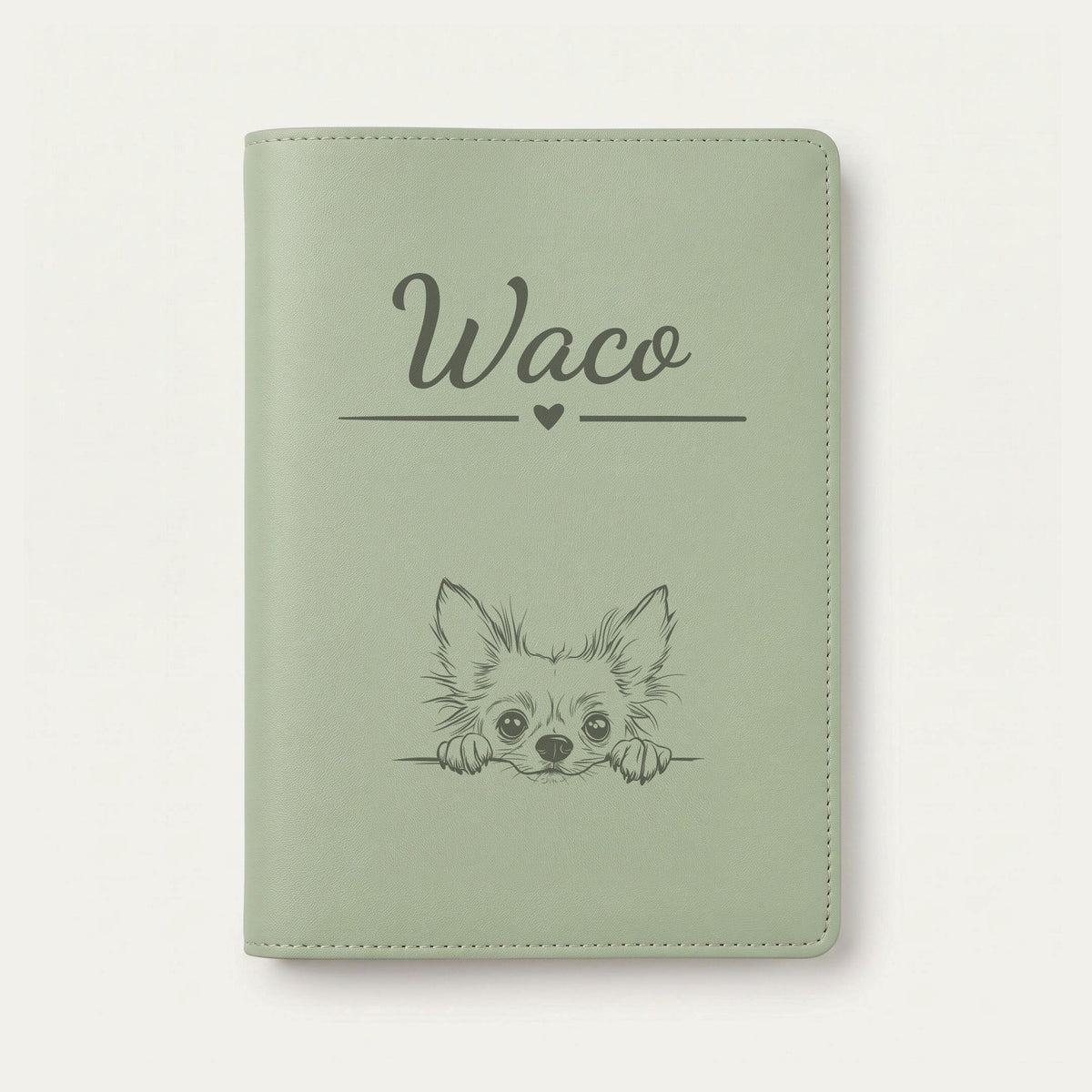 Protège carnet de santé chien personnalisé – Chien chinois à crête — Vert sauge — Cœur — gravure « Waco »