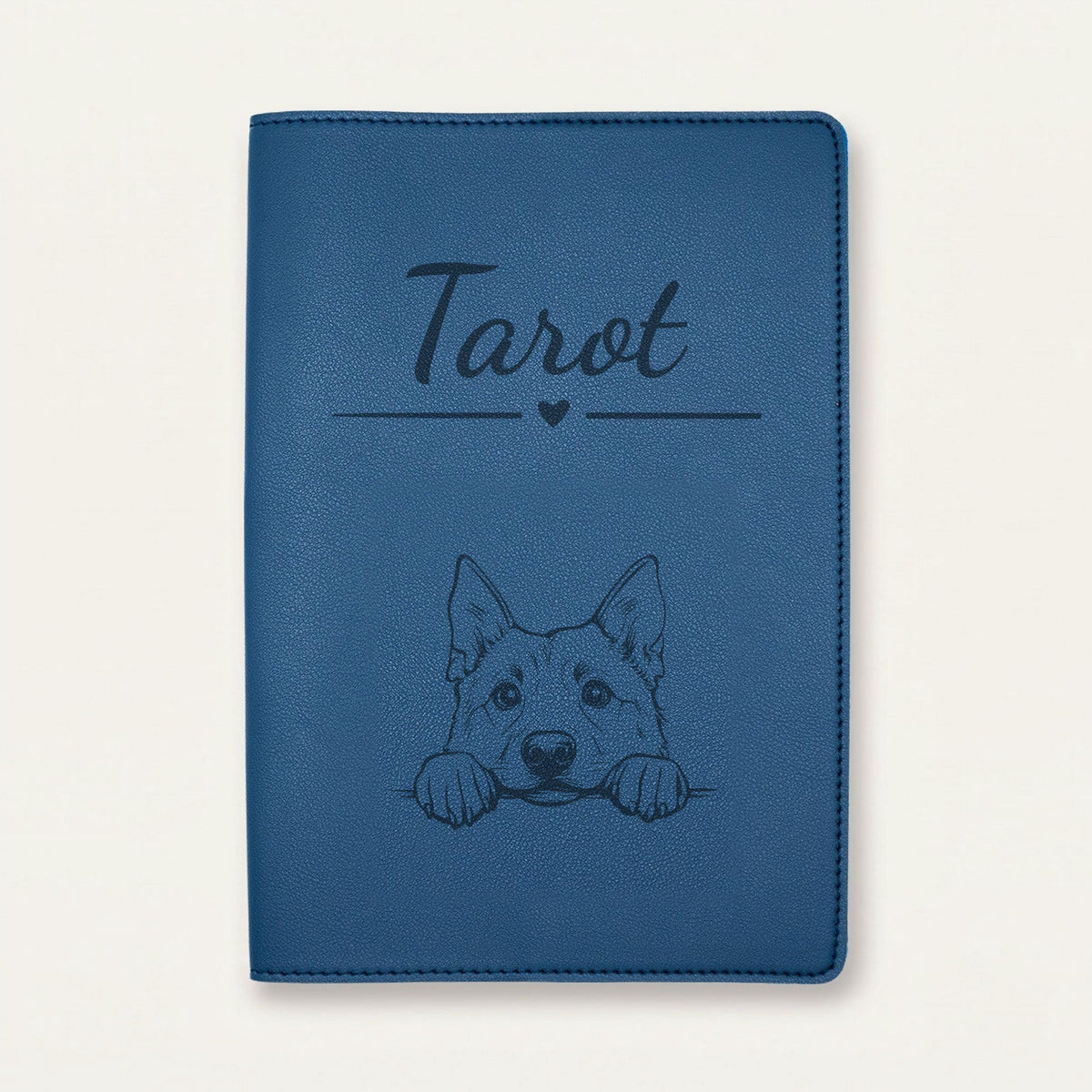 Protège carnet de santé chien personnalisé – Chien d'élan norvégien — Bleu nuit — Cœur — gravure « Tarot »