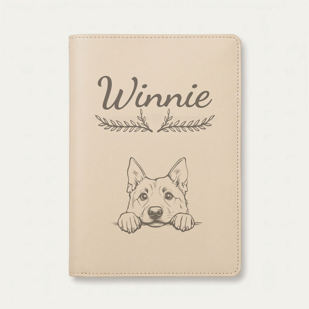 Protège carnet de santé chien personnalisé – Chien d'élan norvégien — Crème vanille — Bouquet — gravure « Winnie »