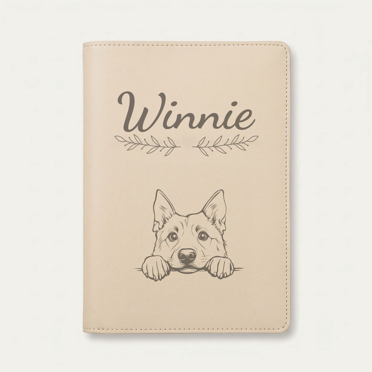 Protège carnet de santé chien personnalisé – Chien d'élan norvégien — Crème vanille — Rameaux — gravure « Winnie »
