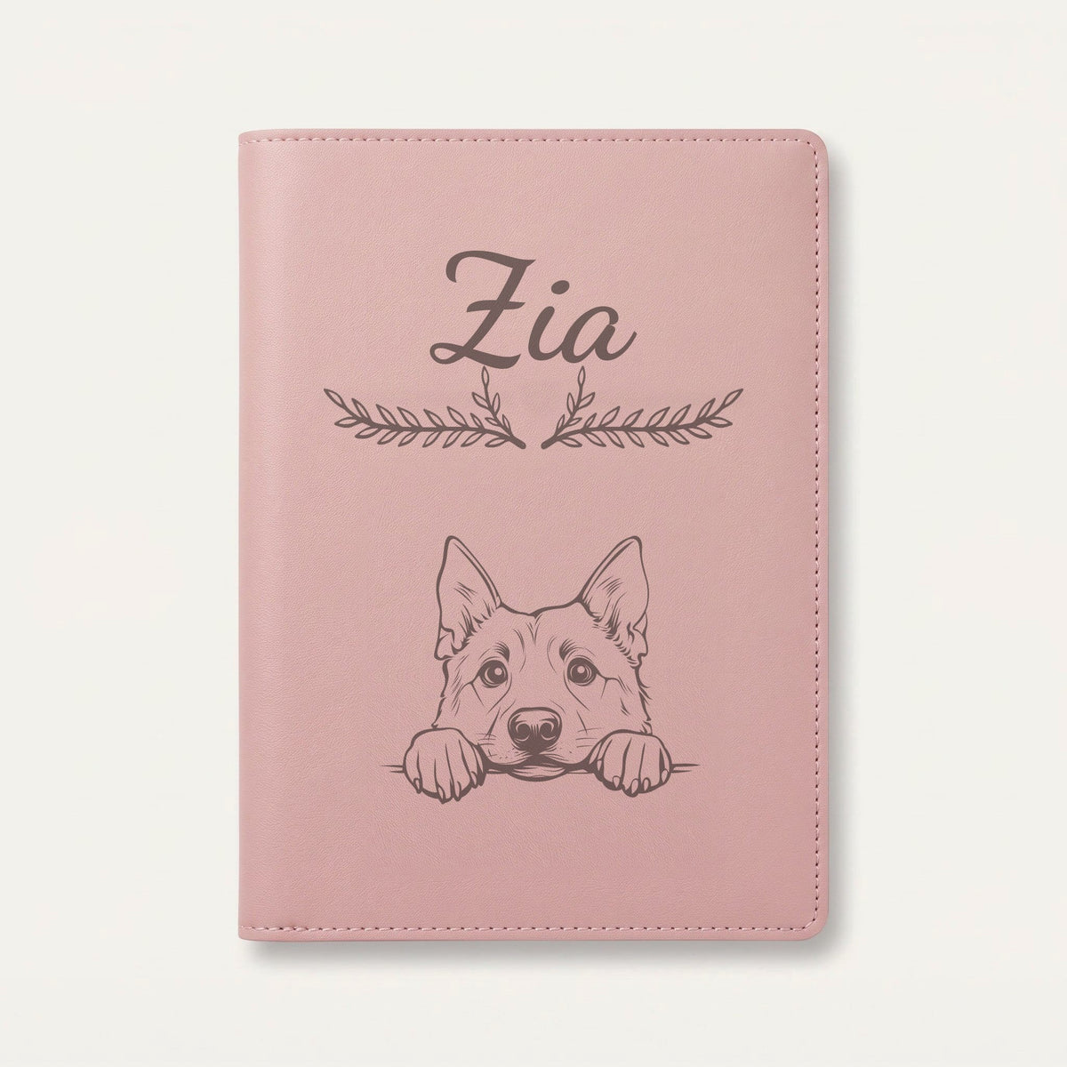 Protège carnet de santé chien personnalisé – Chien d'élan norvégien — Rose dragée — Bouquet — gravure « Zia »