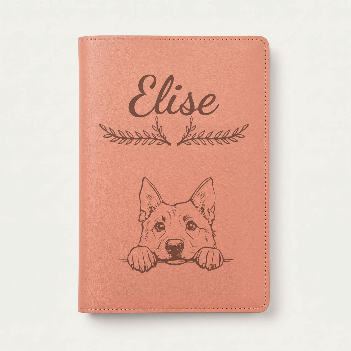 Protège carnet de santé chien personnalisé – Chien d'élan norvégien — Terracotta — Bouquet — gravure « Elise »