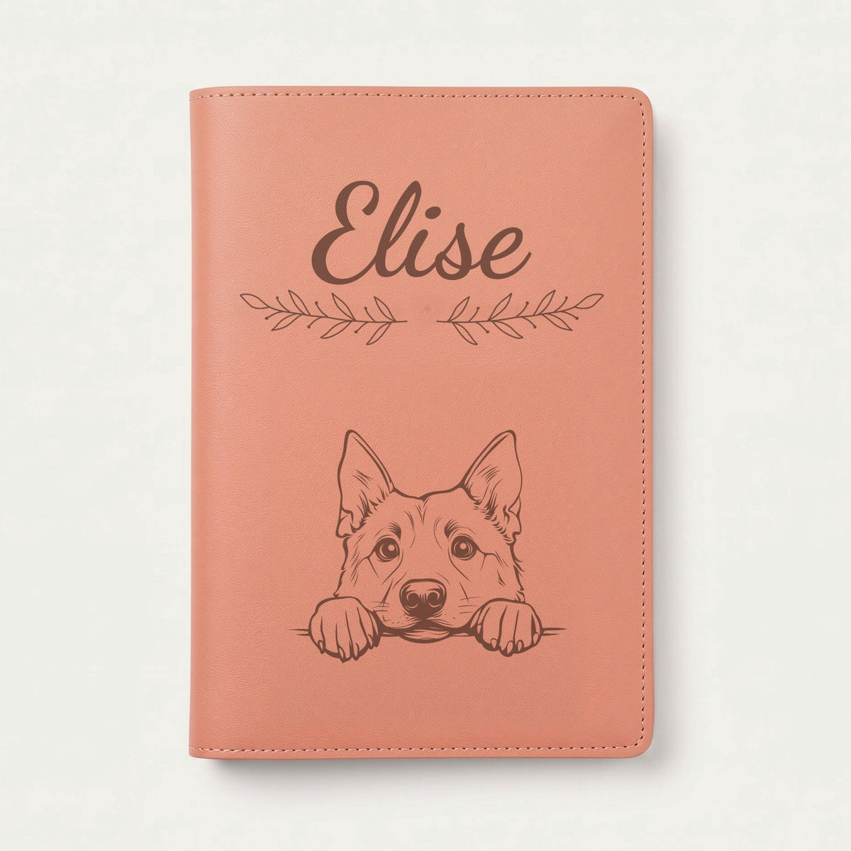 Protège carnet de santé chien personnalisé – Chien d'élan norvégien — Terracotta — Rameaux — gravure « Elise »