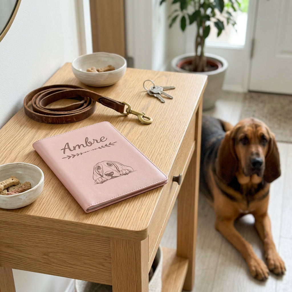 Protège carnet de santé chien personnalisé – Chien de Saint-Hubert — fermé, gravé « Ambre » avec le chien de Saint-Hubert, sur une console d'entrée à côté d'une laisse, un chien de Saint-Hubert couché à côté (visuel de mise en scène, coloris Rose dragée)