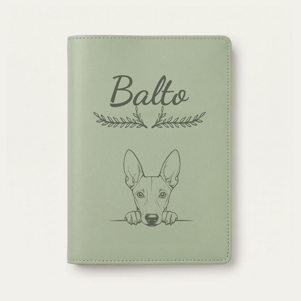 Protège carnet de santé chien personnalisé – Chien du pharaon — Vert sauge — Bouquet — gravure « Balto »