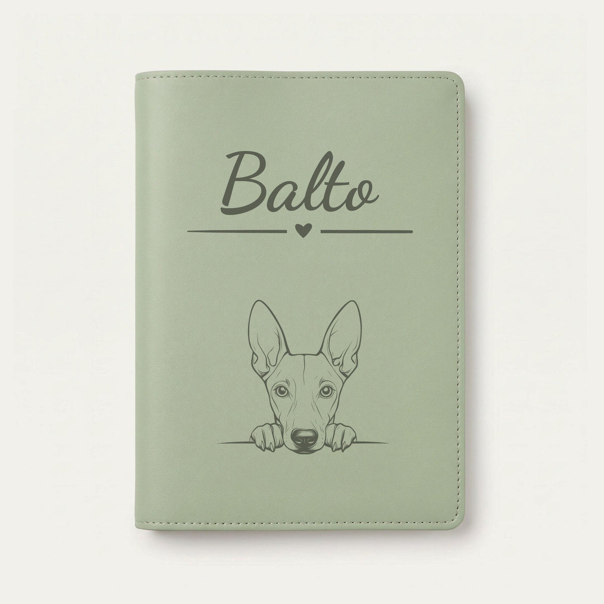 Protège carnet de santé chien personnalisé – Chien du pharaon — Vert sauge — Cœur — gravure « Balto »