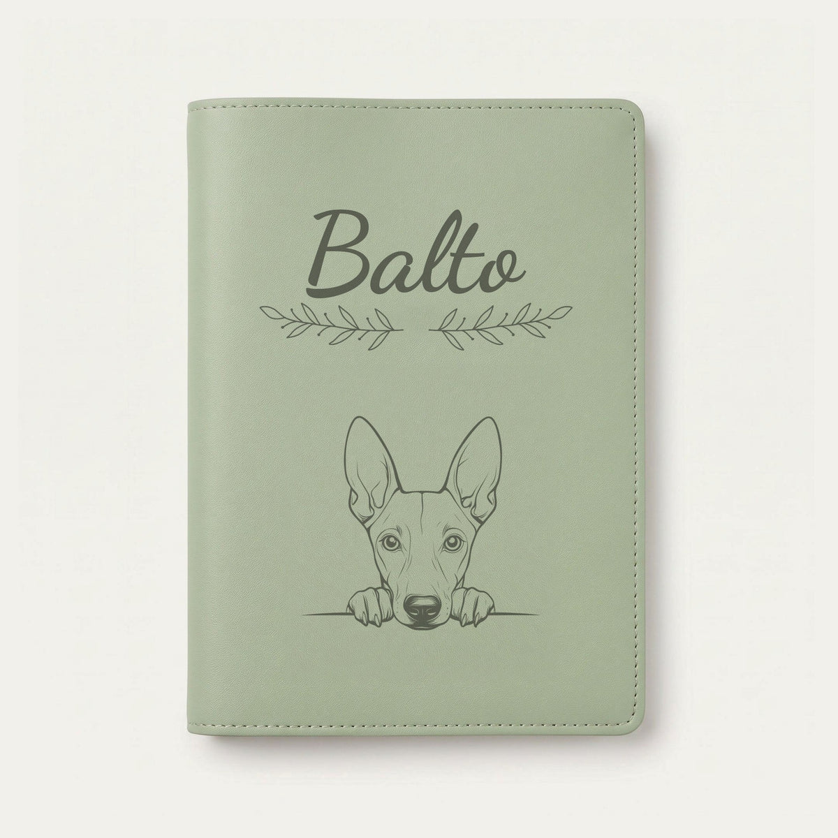 Protège carnet de santé chien personnalisé – Chien du pharaon — Vert sauge — Rameaux — gravure « Balto »