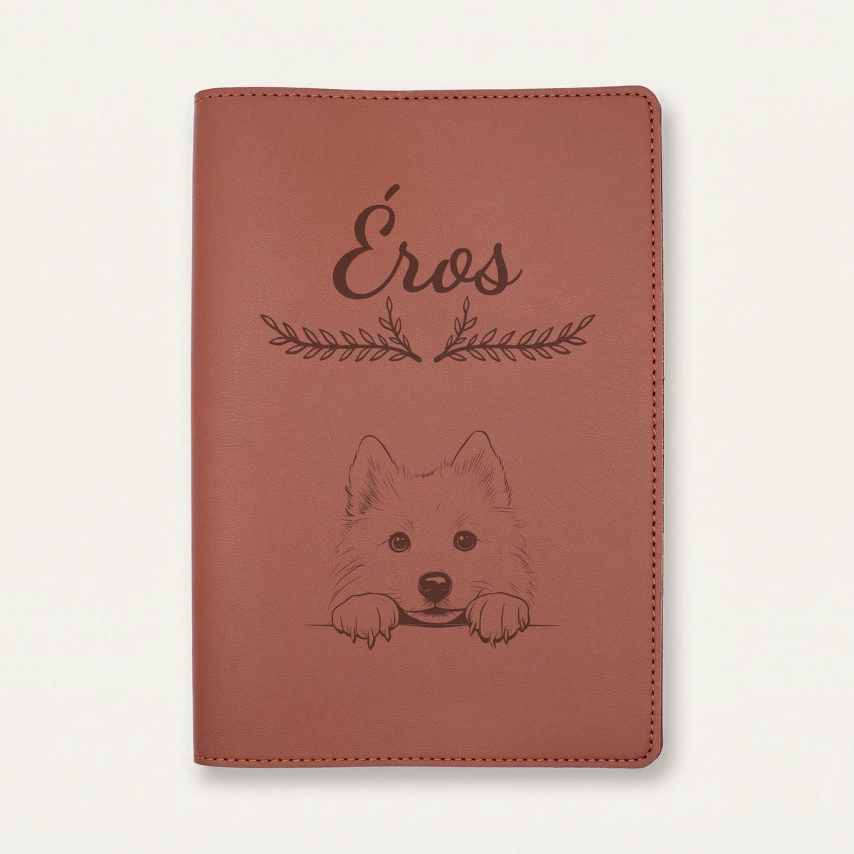 Protège carnet de santé chien personnalisé – Chien esquimau américain — Chocolat — Bouquet — gravure « Éros »