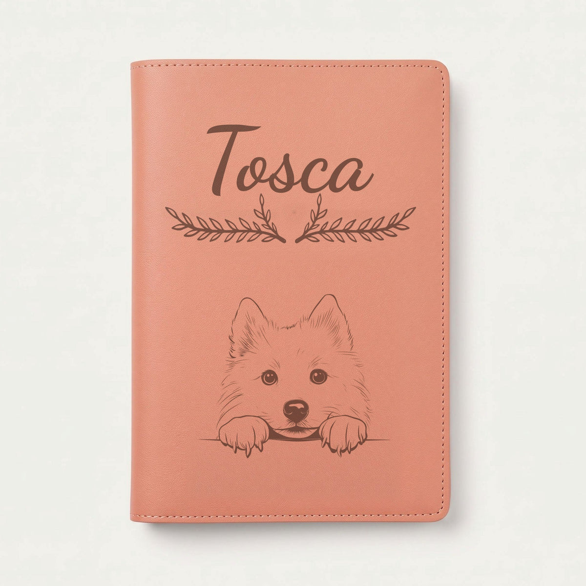 Protège carnet de santé chien personnalisé – Chien esquimau américain — Terracotta — Bouquet — gravure « Tosca »