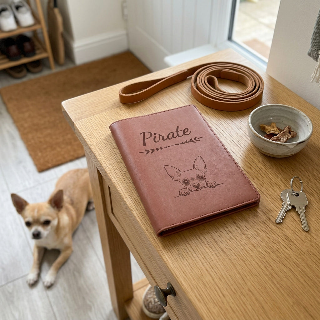 Protège carnet de santé chien personnalisé – Chihuahua — fermé, gravé « Pirate » avec le chihuahua, sur une console d'entrée à côté d'une laisse, un chihuahua couché à côté (visuel de mise en scène, coloris Chocolat)