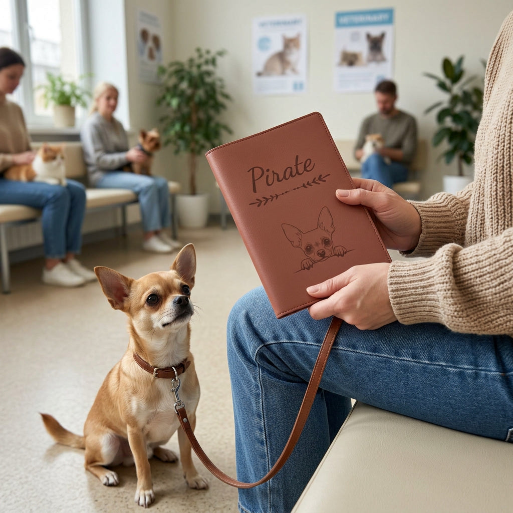 Protège carnet de santé chien personnalisé – Chihuahua — fermé, gravé « Pirate », tenu en salle d'attente chez le vétérinaire, un chihuahua assis à côté (visuel de mise en scène, coloris Chocolat)
