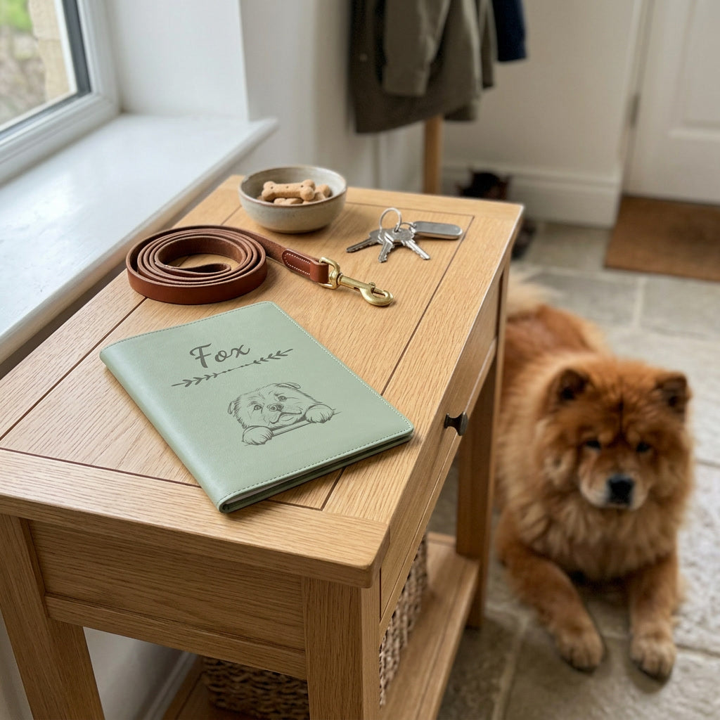 Protège carnet de santé chien personnalisé – Chow-chow — fermé, gravé « Fox » avec le chow-chow, sur une console d'entrée à côté d'une laisse, un chow-chow couché à côté (visuel de mise en scène, coloris Vert sauge)