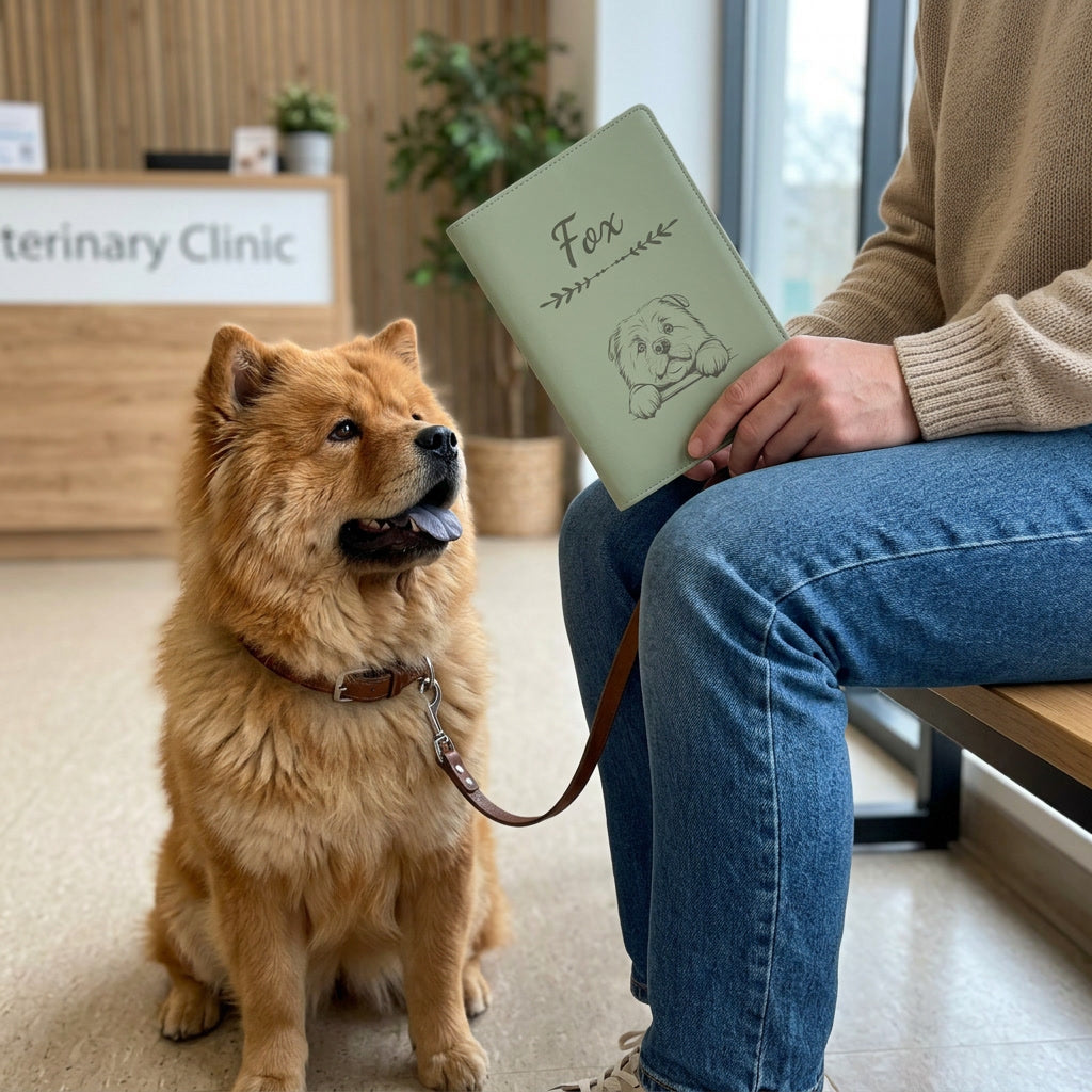 Protège carnet de santé chien personnalisé – Chow-chow — fermé, gravé « Fox », tenu en salle d'attente chez le vétérinaire, un chow-chow assis à côté (visuel de mise en scène, coloris Vert sauge)