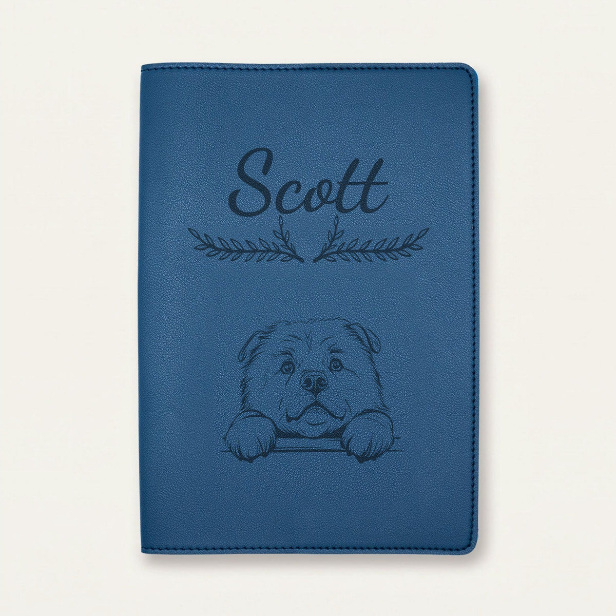 Protège carnet de santé chien personnalisé – Chow-chow — Bleu nuit — Bouquet — gravure « Scott »