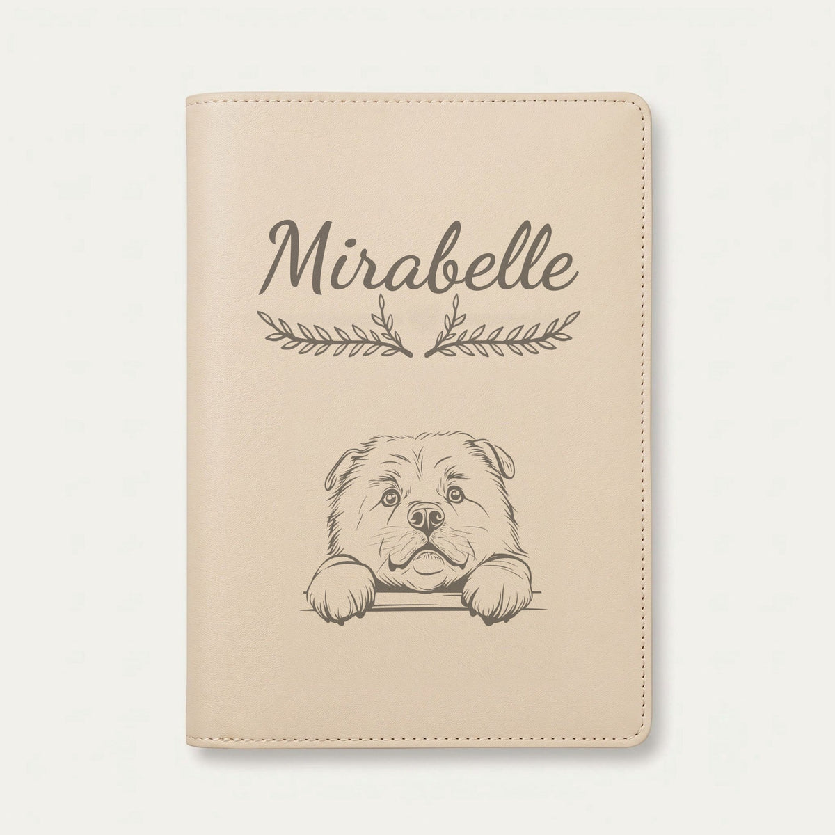 Protège carnet de santé chien personnalisé – Chow-chow — Crème vanille — Bouquet — gravure « Mirabelle »