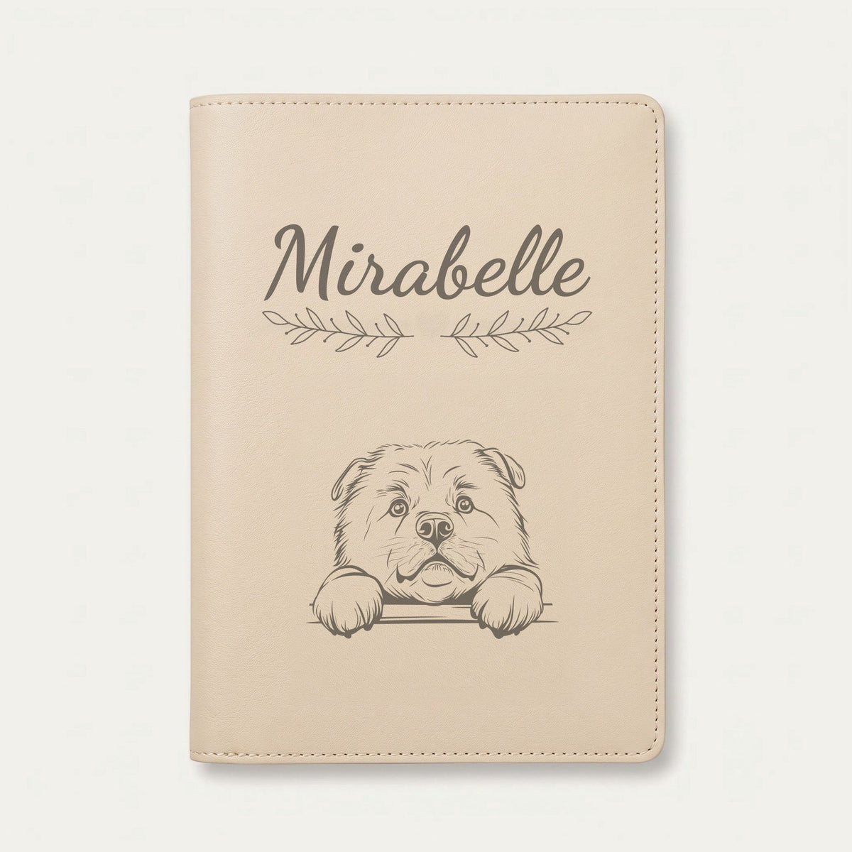 Protège carnet de santé chien personnalisé – Chow-chow — Crème vanille — Rameaux — gravure « Mirabelle »