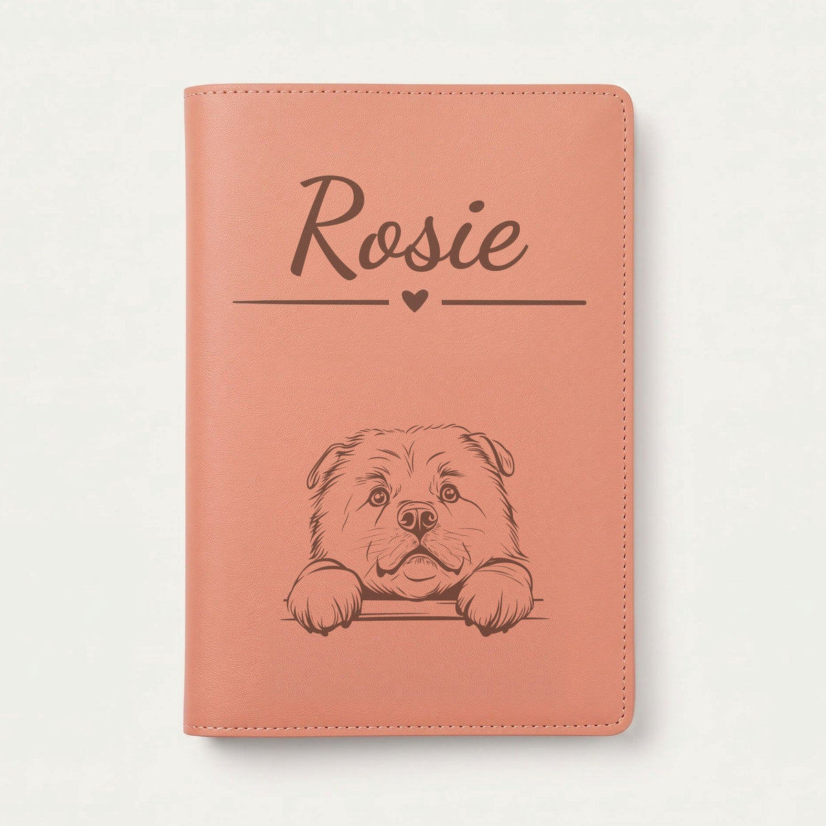 Protège carnet de santé chien personnalisé – Chow-chow — Terracotta — Cœur — gravure « Rosie »