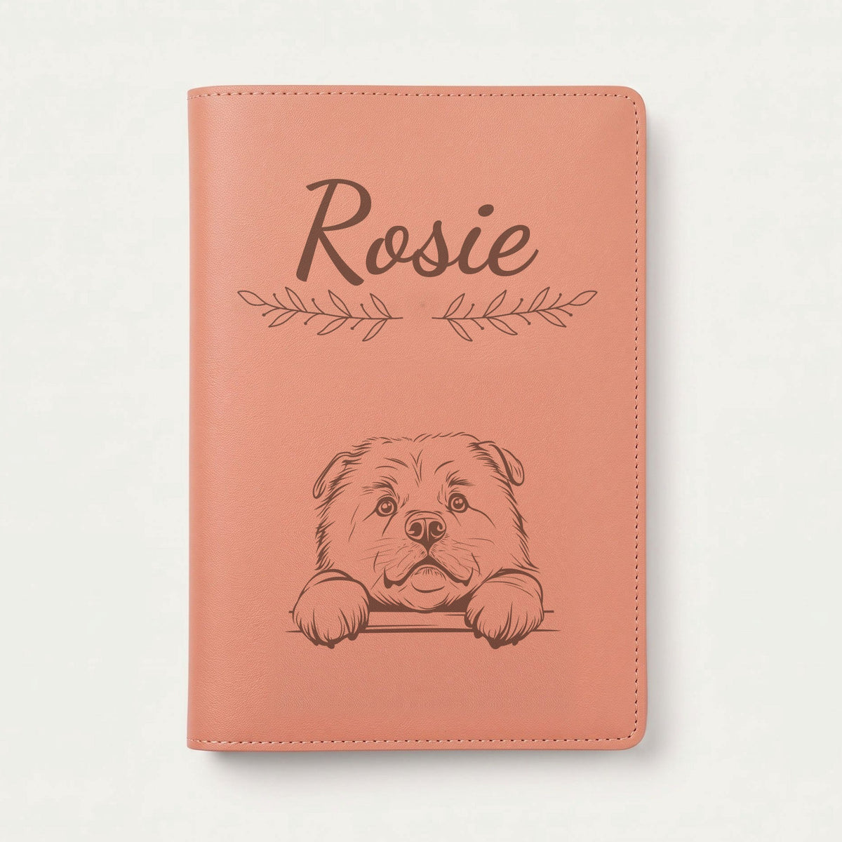 Protège carnet de santé chien personnalisé – Chow-chow — Terracotta — Rameaux — gravure « Rosie »