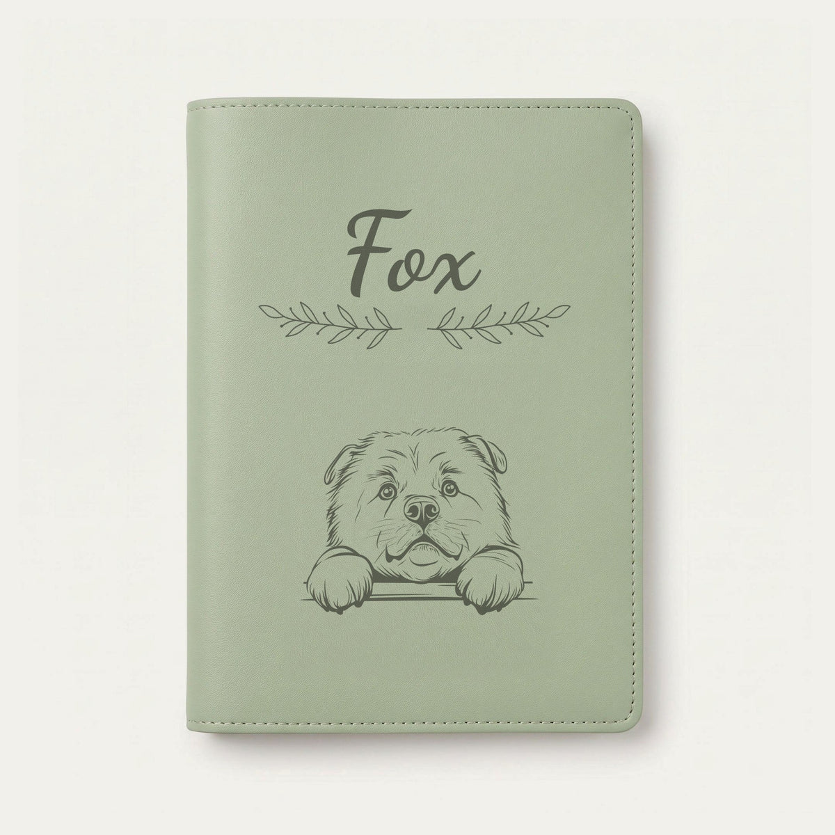 Protège carnet de santé chien personnalisé – Chow-chow — Vert sauge — Rameaux — gravure « Fox »