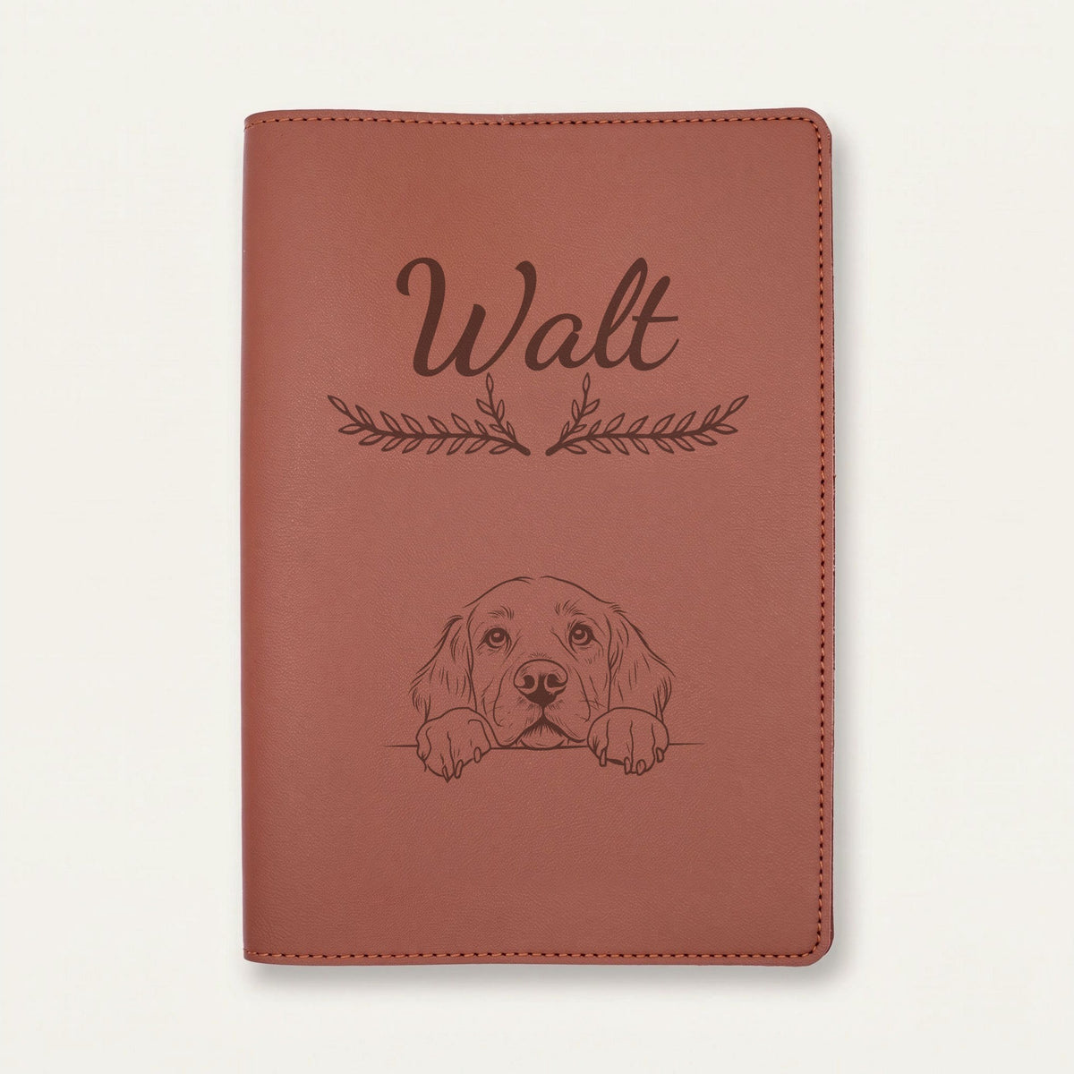 Protège carnet de santé chien personnalisé – Clumber spaniel — Chocolat — Bouquet — gravure « Walt »