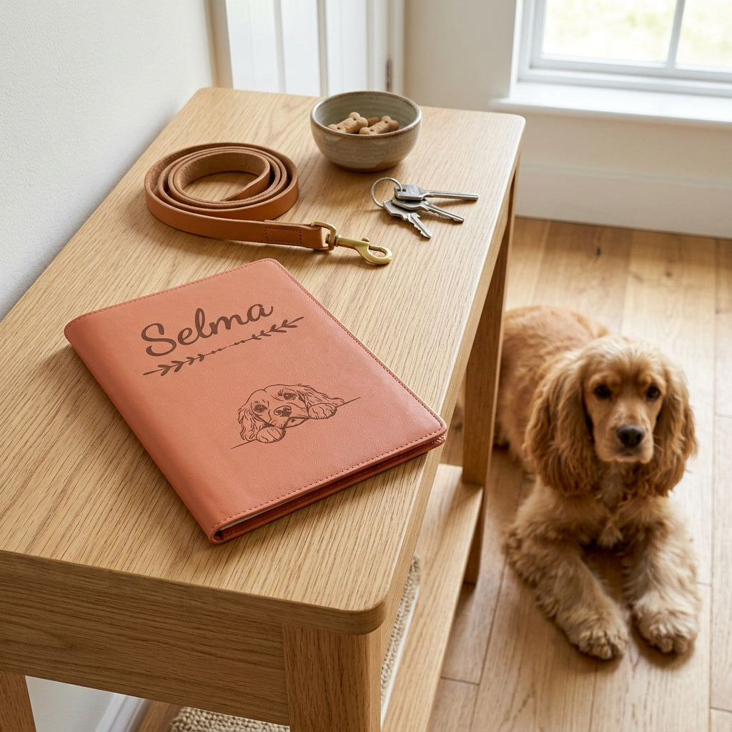 Protège carnet de santé chien personnalisé – Cocker américain — fermé, gravé « Selma » avec le cocker américain, sur une console d'entrée à côté d'une laisse, un cocker américain couché à côté (visuel de mise en scène, coloris Terracotta)