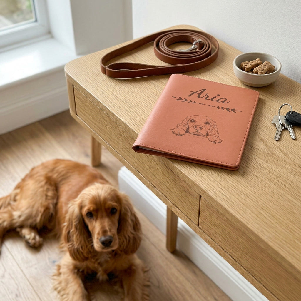 Protège carnet de santé chien personnalisé – Cocker anglais — fermé, gravé « Aria » avec le cocker anglais, sur une console d'entrée à côté d'une laisse, un cocker anglais couché à côté (visuel de mise en scène, coloris Terracotta)