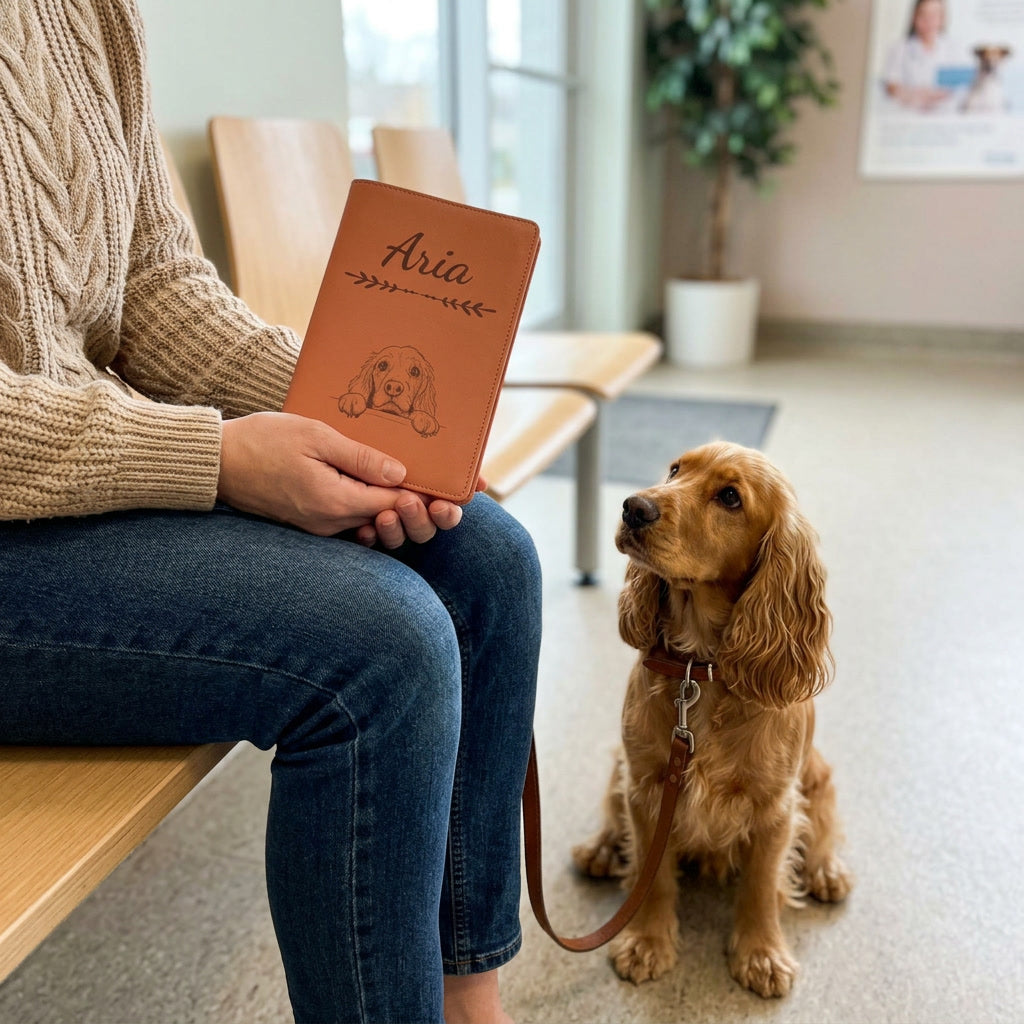 Protège carnet de santé chien personnalisé – Cocker anglais — fermé, gravé « Aria », tenu en salle d'attente chez le vétérinaire, un cocker anglais assis à côté (visuel de mise en scène, coloris Terracotta)
