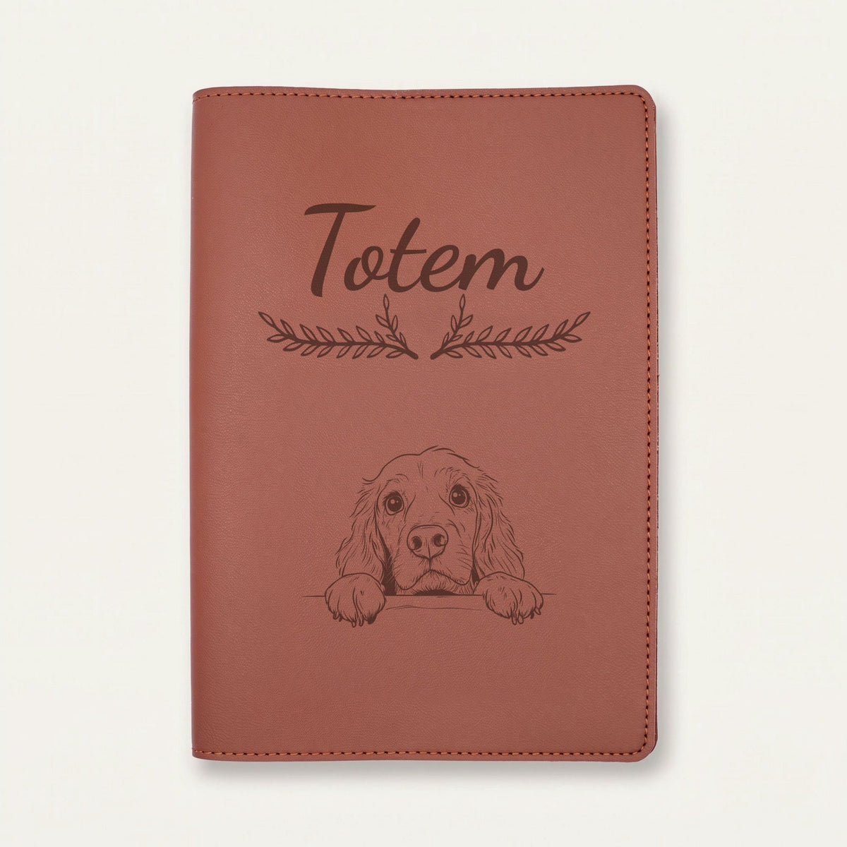 Protège carnet de santé chien personnalisé – Cocker anglais — Chocolat — Bouquet — gravure « Totem »