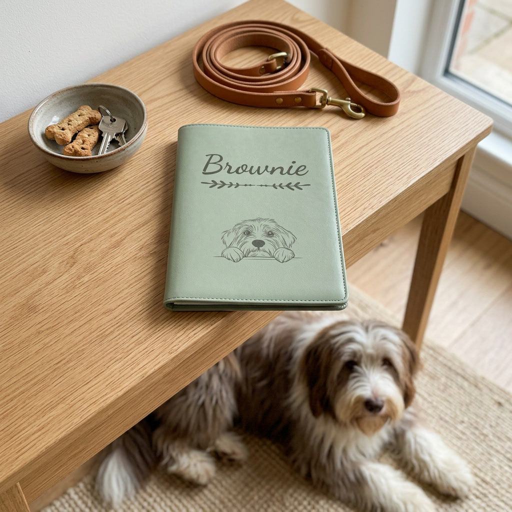 Protège carnet de santé chien personnalisé – Colley barbu — fermé, gravé « Brownie » avec le colley barbu, sur une console d'entrée à côté d'une laisse, un colley barbu couché à côté (visuel de mise en scène, coloris Vert sauge)
