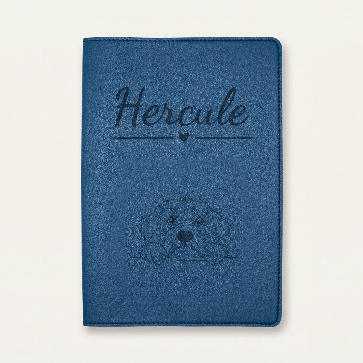 Protège carnet de santé chien personnalisé – Colley barbu — Bleu nuit — Cœur — gravure « Hercule »