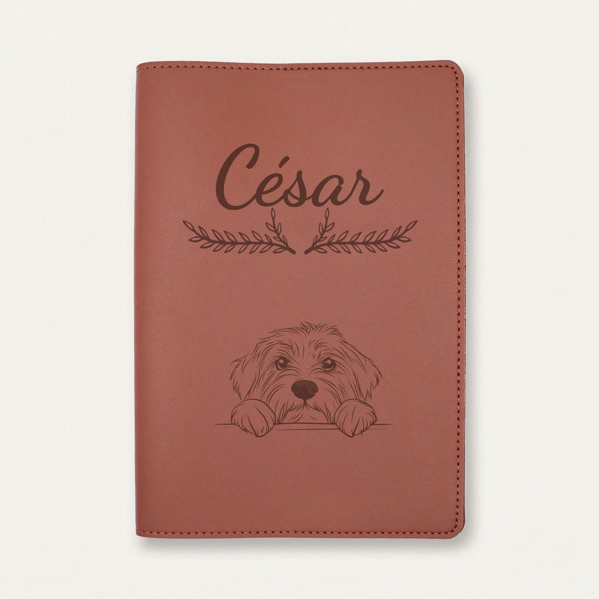 Protège carnet de santé chien personnalisé – Colley barbu — Chocolat — Bouquet — gravure « César »