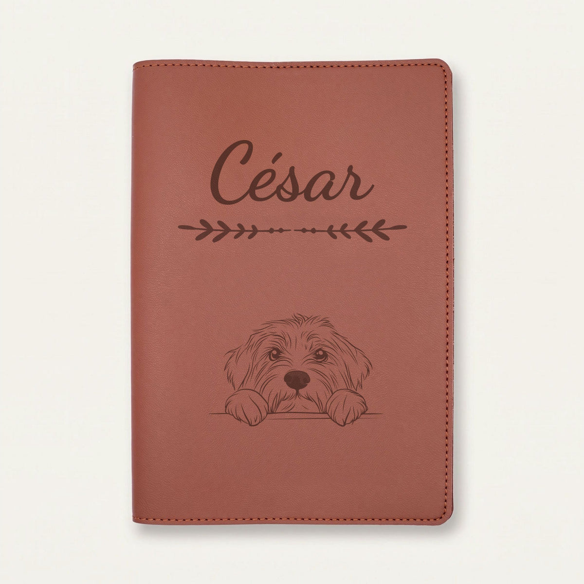 Protège carnet de santé chien personnalisé – Colley barbu — Chocolat — Flèche — gravure « César »