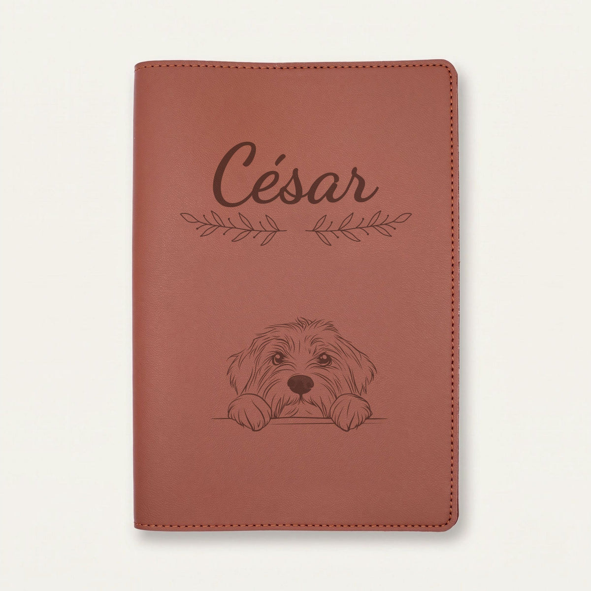 Protège carnet de santé chien personnalisé – Colley barbu — Chocolat — Rameaux — gravure « César »