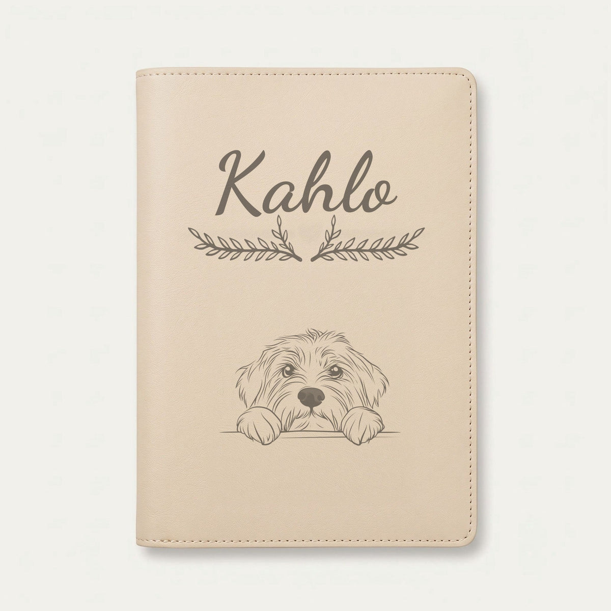 Protège carnet de santé chien personnalisé – Colley barbu — Crème vanille — Bouquet — gravure « Kahlo »