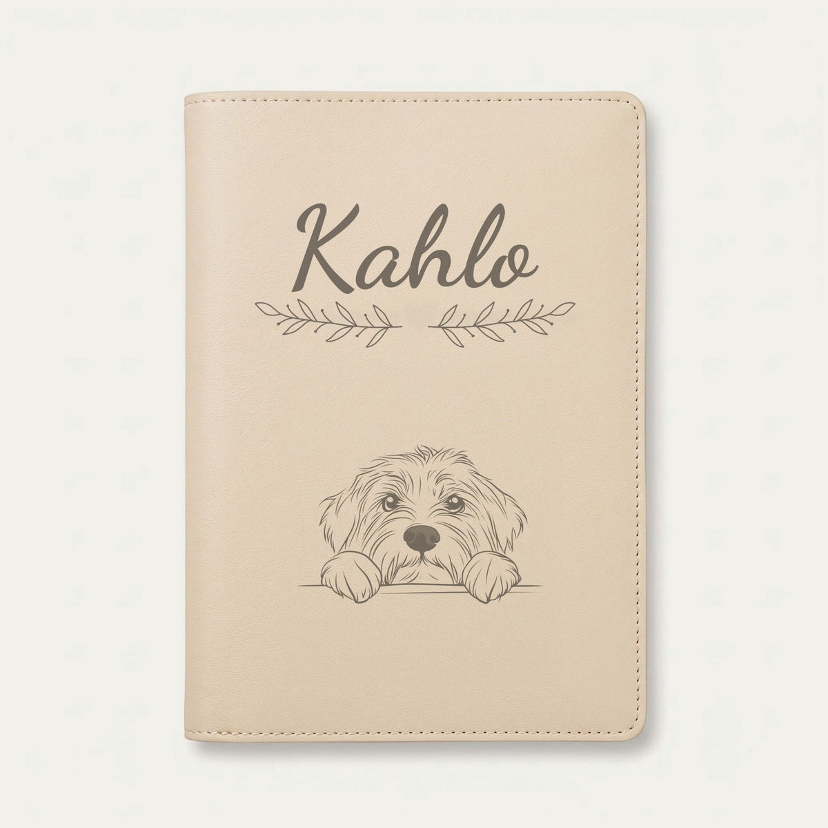 Protège carnet de santé chien personnalisé – Colley barbu — Crème vanille — Rameaux — gravure « Kahlo »
